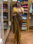 DESIGNER FENDY SATIN EMBROIDERY SEQUENCE WORK READY TO WEAR SAREE WITH STITCHED BLOUSE MUSTARD