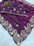 DESIGNER FENDY SATIN EMBROIDERY WORK AND MULTI THREAD WORK WITH ARC CUT WORK BORDER SAREE WITH UNSTITCHED BLOUSE PURPLE