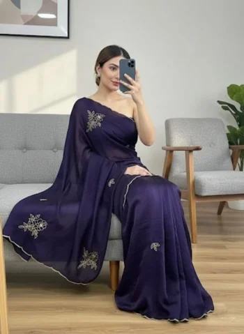 DESIGNER FENDY SATIN KHATLI CUT DANA HANDWORK SAREE WITH UNSTITCHED BLOUSE PURPLE