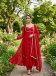 DESIGNER FENDY SATIN RAMBO SEQUENCE EMBROIDERY WORK GOWN BOTTOM WITH DUPATTA RED