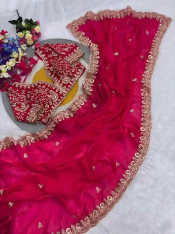 DESIGNER FENDY SATIN SILK EMBROIDERY SEQUENCE & CODING WITH CUT WORK BORDER SAREE WITH STITCHED BLOUSE RANI