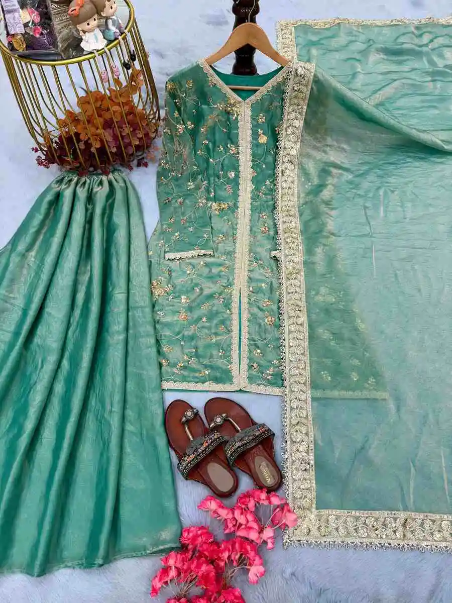 DESIGNER FENDY SILK EMBROIDERY SEQUENCE & CODING DORI WITH RIVET MOTI WORK TOP PALAZZO WITH DUPATTA FESTIVE WEAR WHOLESALE PRICE ETHNIC GARMENT (10)