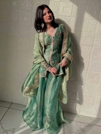 DESIGNER FENDY SILK EMBROIDERY SEQUENCE & CODING DORI WITH RIVET MOTI WORK TOP PALAZZO WITH DUPATTA RAMA