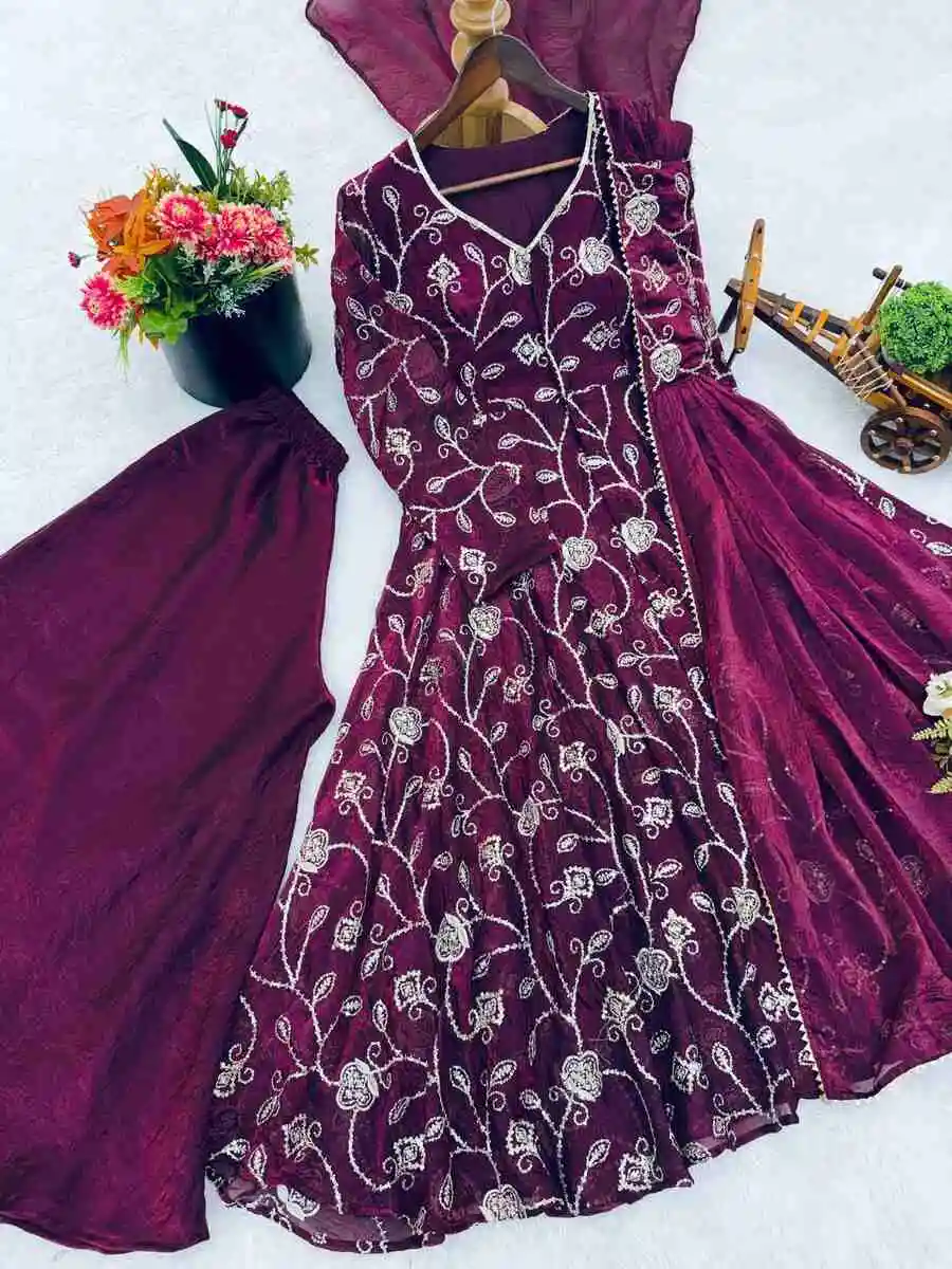 DESIGNER FENDY SILK EMBROIDERY SEQUENCE WORK GOWN BOTTOM WITH DUPATTA FESTIVE WEAR WHOLESALE PRICE ETHNIC GARMENT (10)