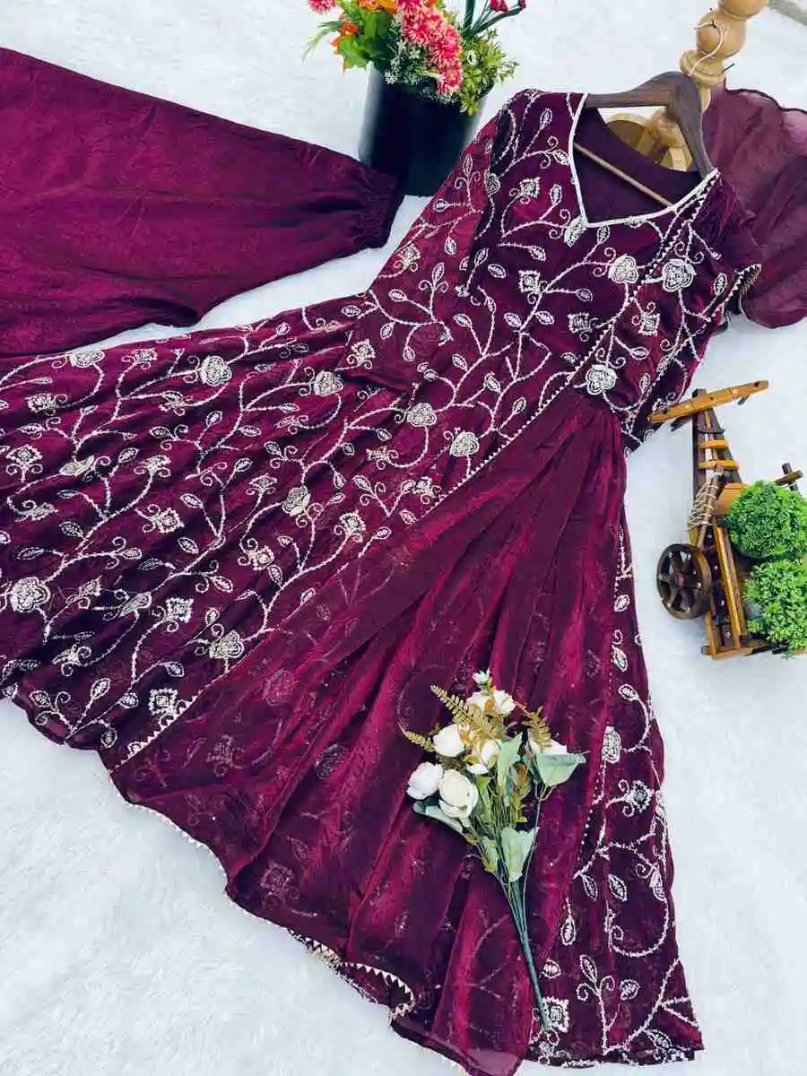 DESIGNER FENDY SILK EMBROIDERY SEQUENCE WORK GOWN BOTTOM WITH DUPATTA FESTIVE WEAR WHOLESALE PRICE ETHNIC GARMENT (11)