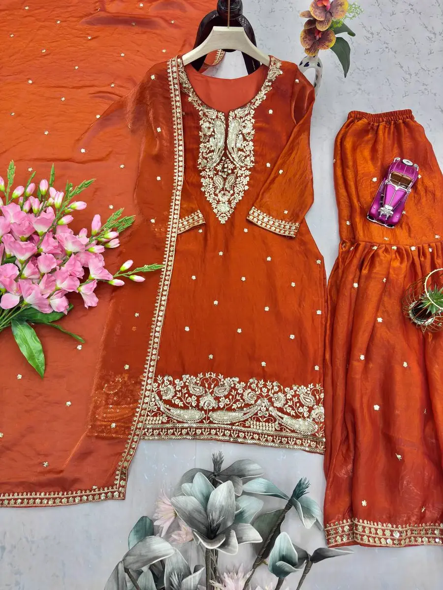 DESIGNER FENDY SILK EMBROIDERY SEQUENCE WORK TOP SHARARA WITH DUPATTA FESTIVE WEAR WHOLESALE PRICE ETHNIC GARMENT (11)