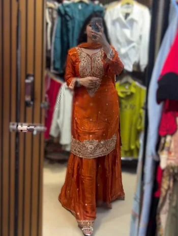 DESIGNER FENDY SILK EMBROIDERY SEQUENCE WORK TOP SHARARA WITH DUPATTA ORANGE