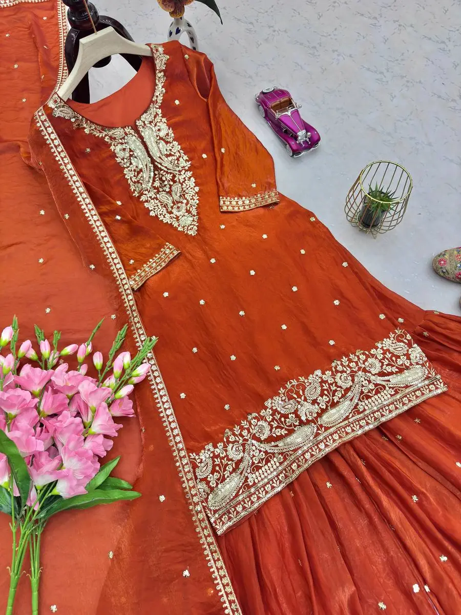 DESIGNER FENDY SILK EMBROIDERY SEQUENCE WORK TOP SHARARA WITH DUPATTA FESTIVE WEAR WHOLESALE PRICE ETHNIC GARMENT (9)