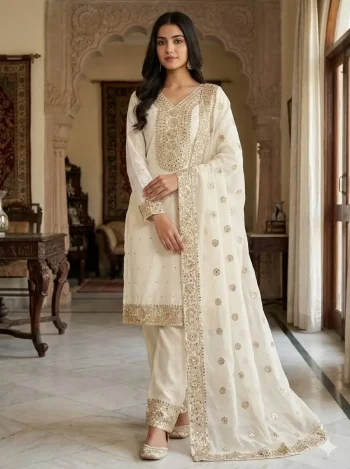 DESIGNER FENDY SILK EMBROIDERY SEQUENCE WORK WITH HAND DIAMOND WORK TOP PALAZZO WITH DUPATTA WHITE