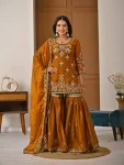 DESIGNER FENDY SILK SEQUENCE AND EMBROIDERY WORK TOP SHARARA WITH DUPATTA MUSTARD