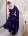 DESIGNER FENDY SILK THREAD AND SEQUENCE WORK GOWN BOTTOM WITH DUPATTA NAVY BLUE
