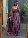 DESIGNER FENDY SILK THREAD & SEQUENCE WITH FANCY LACE WORK GOWN BOTTOM WITH DUPATTA PURPLE