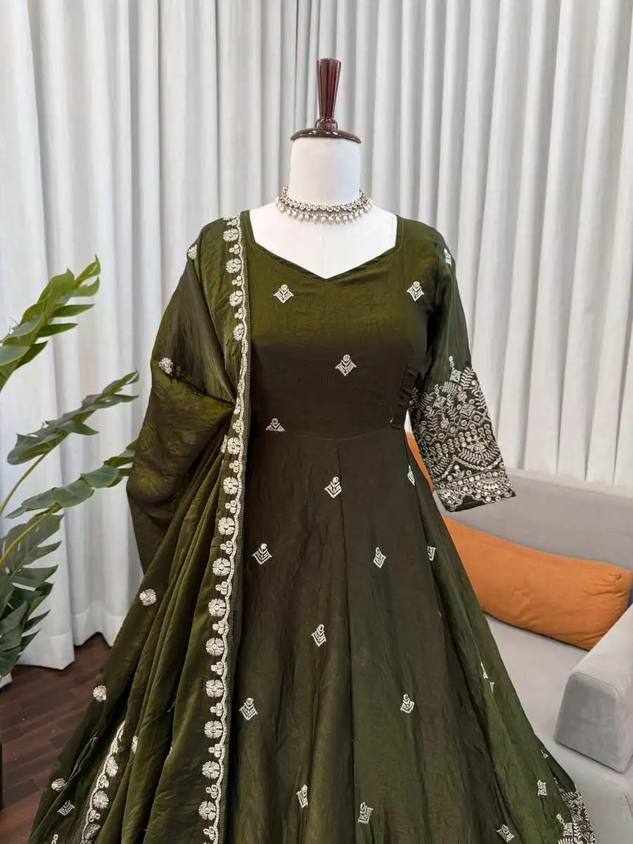 DESIGNER FENDY SILK THREAD WITH SEQUNCE WORK GOWN BOTTOM WITH DUPATTA WEDDING WEAR WHOLESALE PRICE ETHNIC GARMENT (13)