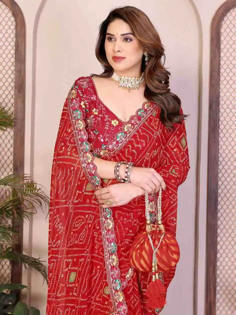 DESIGNER GEORGETTE BANDHEJ PRINT WITH CUTWORK LACE BORDER WORK SAREE WITH UNSTITCHED BLOUSE FESTIVE WEAR WHOLESALE PRICE ETHNIC GARMENT (13)