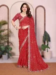 DESIGNER GEORGETTE BANDHEJ PRINT WITH CUTWORK LACE BORDER WORK SAREE WITH UNSTITCHED BLOUSE RED