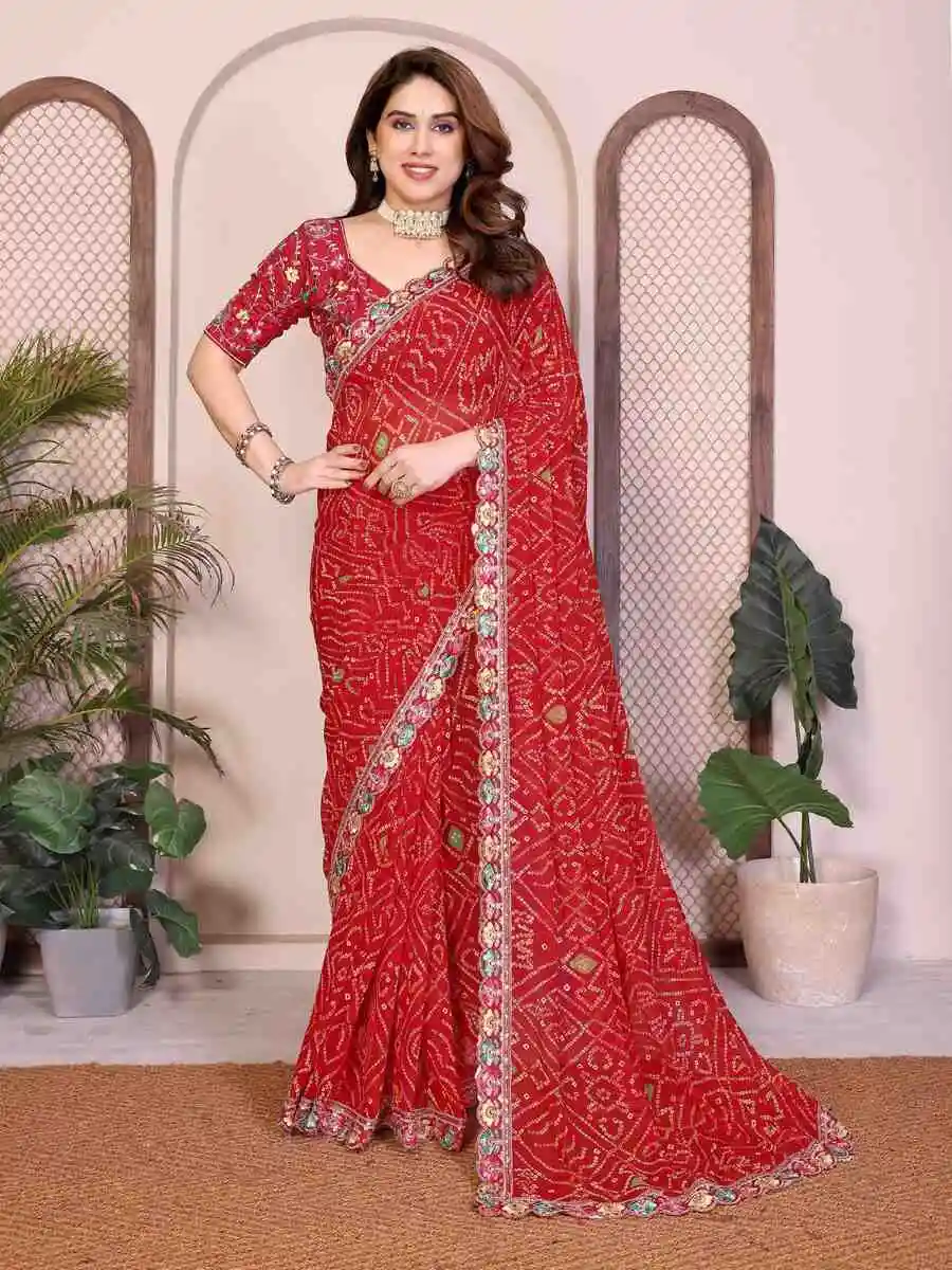 DESIGNER GEORGETTE BANDHEJ PRINT WITH CUTWORK LACE BORDER WORK SAREE WITH UNSTITCHED BLOUSE FESTIVE WEAR WHOLESALE PRICE ETHNIC GARMENT (15)