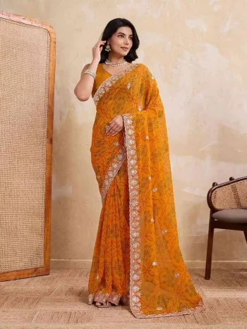 DESIGNER GEORGETTE BANDHEJ PRINT WITH CUTWORK LACE BORDER WORK SAREE WITH UNSTITCHED BLOUSE YELLOW