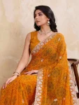 DESIGNER GEORGETTE BANDHEJ PRINT WITH CUTWORK LACE BORDER WORK SAREE WITH UNSTITCHED BLOUSE FESTIVE WEAR WHOLESALE PRICE ETHNIC GARMENT (4)