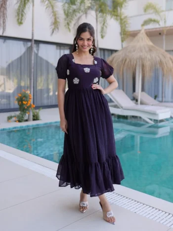 DESIGNER GEORGETTE BEADS EMBROIDERY WORK GOWN PURPLE