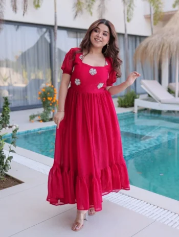 DESIGNER GEORGETTE BEADS EMBROIDERY WORK GOWN PINK