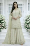DESIGNER GEORGETTE EMBROIDERY AND SEQUENCE WORK WITH CUT WORK TOP PALAZZO WITH DUPATTA OFF WHITE