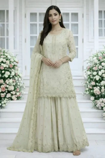 DESIGNER GEORGETTE EMBROIDERY AND SEQUENCE WORK WITH CUT WORK TOP PALAZZO WITH DUPATTA OFF WHITE