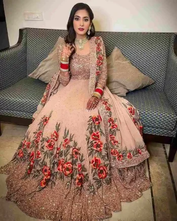 DESIGNER GEORGETTE EMBROIDERY SEQUENCE AND STONE WORK GOWN UNSTITCHED BOTTOM WITH DUPATTA PEACH