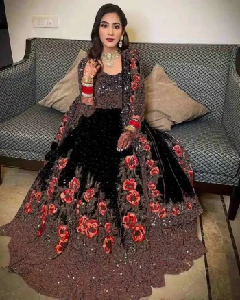 DESIGNER GEORGETTE EMBROIDERY SEQUENCE AND STONE WORK GOWN UNSTITCHED BOTTOM WITH DUPATTA BLACK