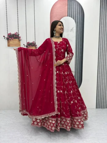 DESIGNER GEORGETTE EMBROIDERY SEQUENCE WORK GOWN WITH DUPATTA RED