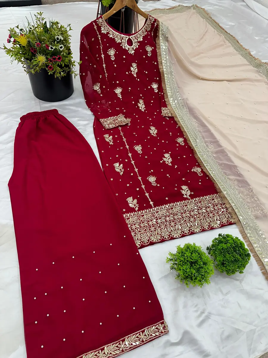DESIGNER GEORGETTE EMBROIDERY SEQUENCE WORK TOP PALAZZO WITH DUPATTA FESTIVE WEAR WHOLESALE PRICE ETHNIC GARMENT (6)
