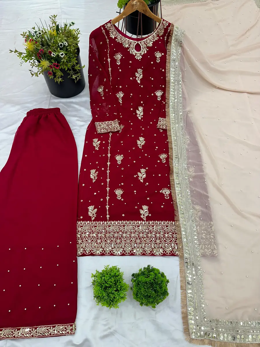 DESIGNER GEORGETTE EMBROIDERY SEQUENCE WORK TOP PALAZZO WITH DUPATTA FESTIVE WEAR WHOLESALE PRICE ETHNIC GARMENT (8)