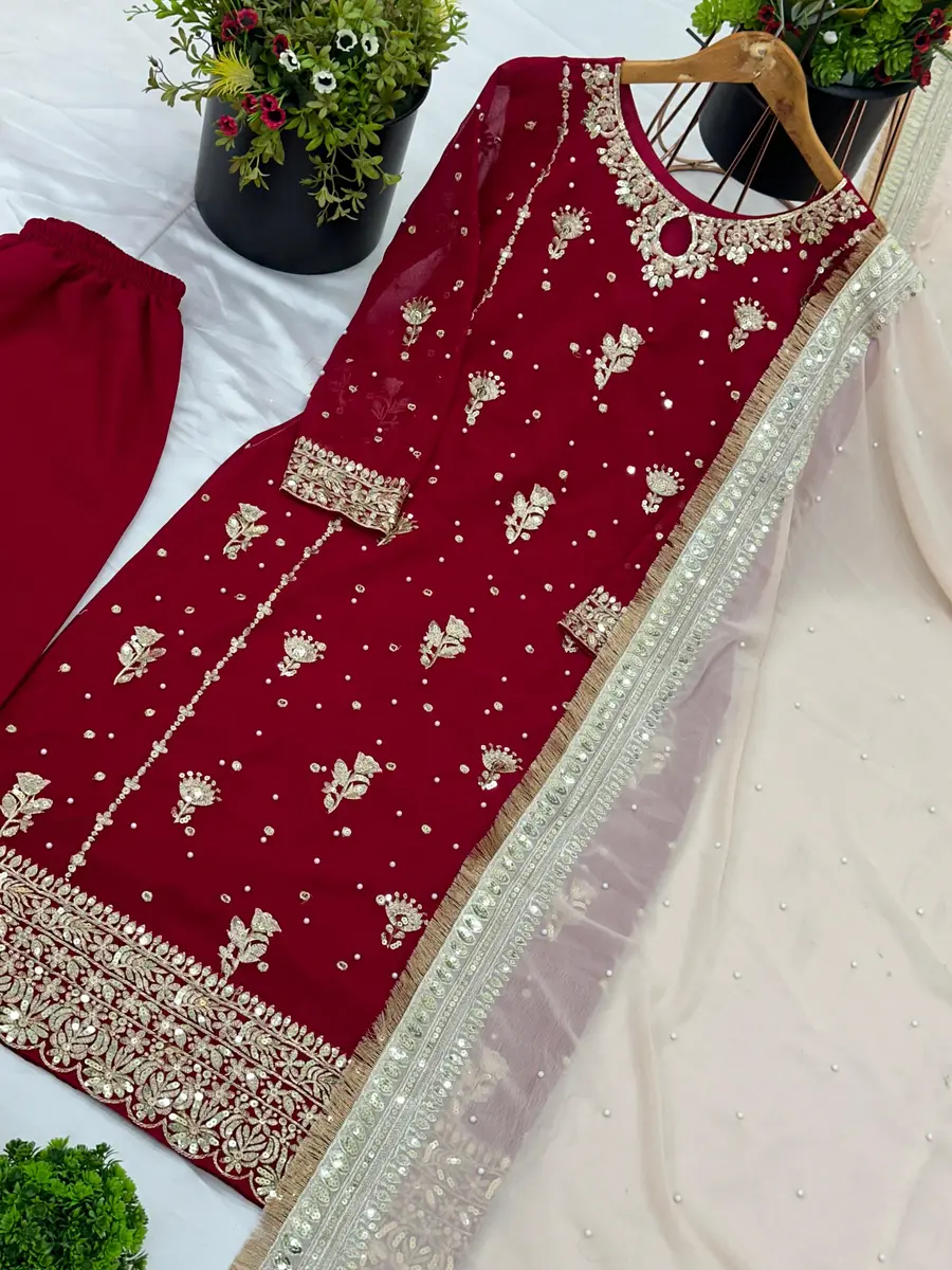 DESIGNER GEORGETTE EMBROIDERY SEQUENCE WORK TOP PALAZZO WITH DUPATTA FESTIVE WEAR WHOLESALE PRICE ETHNIC GARMENT (9)
