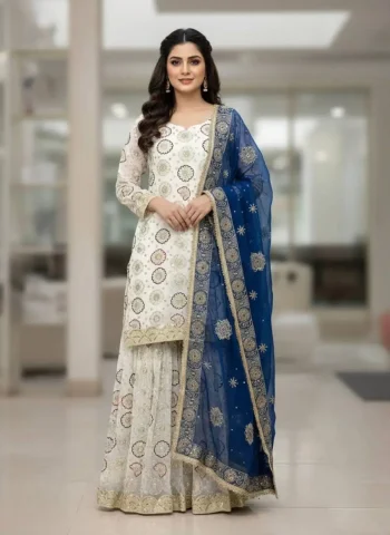 DESIGNER GEORGETTE EMBROIDERY SEQUENCE WORK TOP PALAZZO WITH DUPATTA WHITE AND BLUE