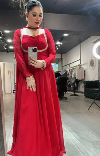 DESIGNER GEORGETTE EMBROIDERY SEQUENCES LACE AND FANCY CRIZZ WITH HAND WORK GOWN BOTTOM WITH DUPATTA RED