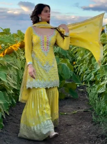 DESIGNER GEORGETTE EMBROIDERY THREAD & SEQUENCE WORK TOP PALAZZO WITH DUPATTA YELLOW