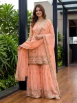 1DESIGNER GEORGETTE EMBROIDERY THREAD SEQUENCE ZARI WORK TOP SHARARA WITH DUPATTA PEACH
