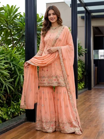 1DESIGNER GEORGETTE EMBROIDERY THREAD SEQUENCE ZARI WORK TOP SHARARA WITH DUPATTA PEACH