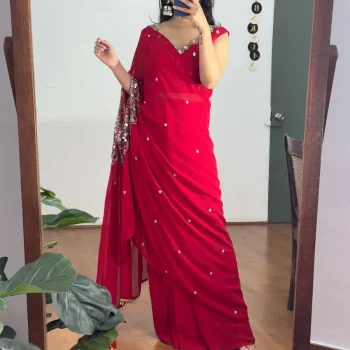 DESIGNER GEORGETTE EMBROIDERY WITH REAL MIRROR & PEARLS HAND WORK STYLE READY TO WEAR SAREE WITH STITCHED BLOUSE RED