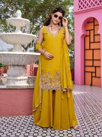 DESIGNER GEORGETTE MOTI BEADS WITH CODING SEQUENCE & THREAD EMBROIDERY WORK TOP PALAZZO WITH DUPATTA YELLOW