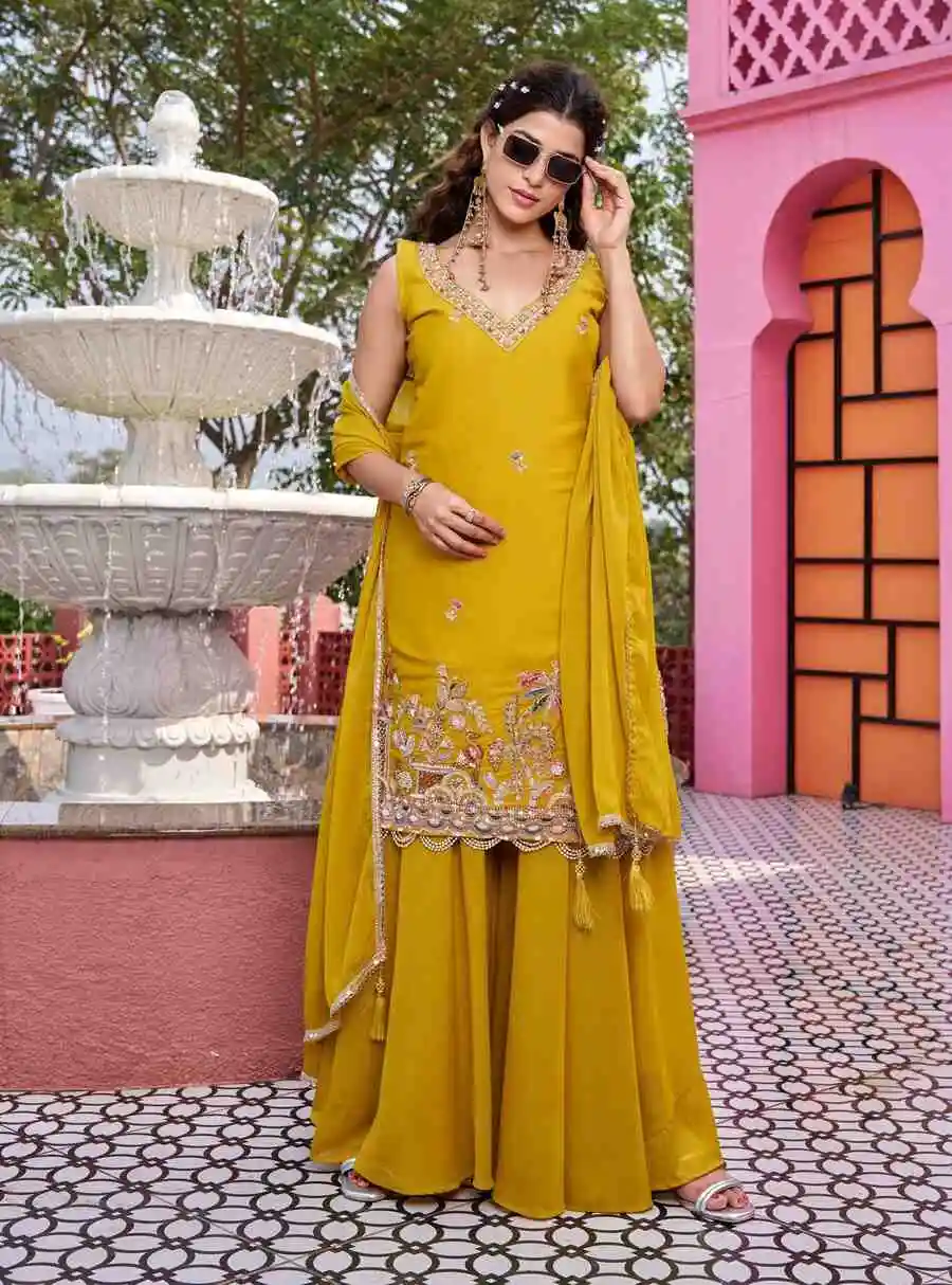 DESIGNER GEORGETTE MOTI BEADS WITH CODING SEQUENCE & THREAD EMBROIDERY WORK TOP PALAZZO WITH DUPATTA WEDDING WEAR WHOLESALE PRICE ETHNIC GARMENT (11)