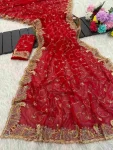 DESIGNER GEORGETTE MULTI THREAD WITH SEQUENCE EMBROIDERY WORK SAREE WITH UNSTITCHED BLOUSE RED