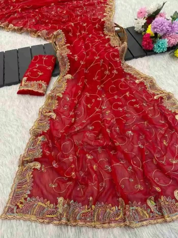 DESIGNER GEORGETTE MULTI THREAD WITH SEQUENCE EMBROIDERY WORK SAREE WITH UNSTITCHED BLOUSE RED