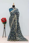 DESIGNER GEORGETTE SEQUENCE EMBROIDERY WITH BORDER AND PIPING WORK SAREE WITH UNSTITCHED BLOUSE TEAL