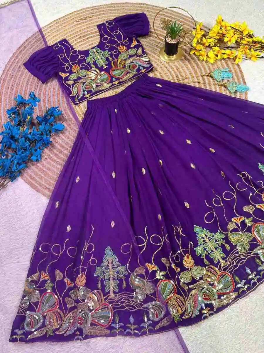 DESIGNER GEORGETTE SEQUENCE EMBROIDERY WORK KID'S LEHENGA CHOLI WITH DUPATTA PARTY WEAR WHOLESALE PRICE ETHNIC GARMENT (13)