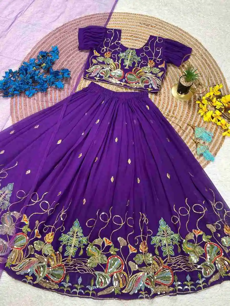 DESIGNER GEORGETTE SEQUENCE EMBROIDERY WORK KID'S LEHENGA CHOLI WITH DUPATTA PARTY WEAR WHOLESALE PRICE ETHNIC GARMENT (20)