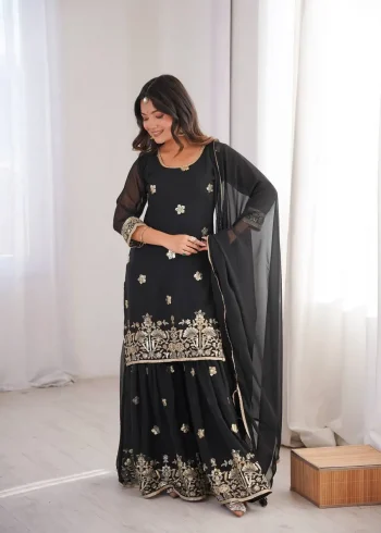 DESIGNER GEORGETTE SEQUENCE EMBROIDERY WORK TOP SHARARA WITH DUPATTA BLACK