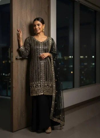 DESIGNER GEORGETTE SEQUENCE & ZARI EMBROIDERY WORK TOP PALAZZO WITH DUPATTA BLACK