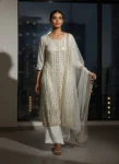 DESIGNER GEORGETTE SEQUENCE & ZARI EMBROIDERY WORK TOP PALAZZO WITH DUPATTA WHITE