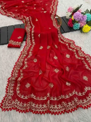 DESIGNER GEORGETTE SILK SEQUENCE THREAD EMBROIEDRY WORK SAREE WITH UNSTITCHED BLOUSE RED