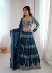 DESIGNER GEORGETTE THREAD EMBROIDERY WITH SEQUENCE WORK LEHENGA CHOLI WITH DUPATTA TEAL
